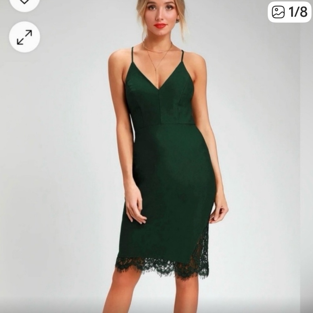 Lulu's Deep Green Lace Trim Midi Dress